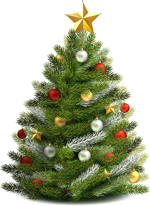 Green Christmas tree with gold, red, and silver decorations