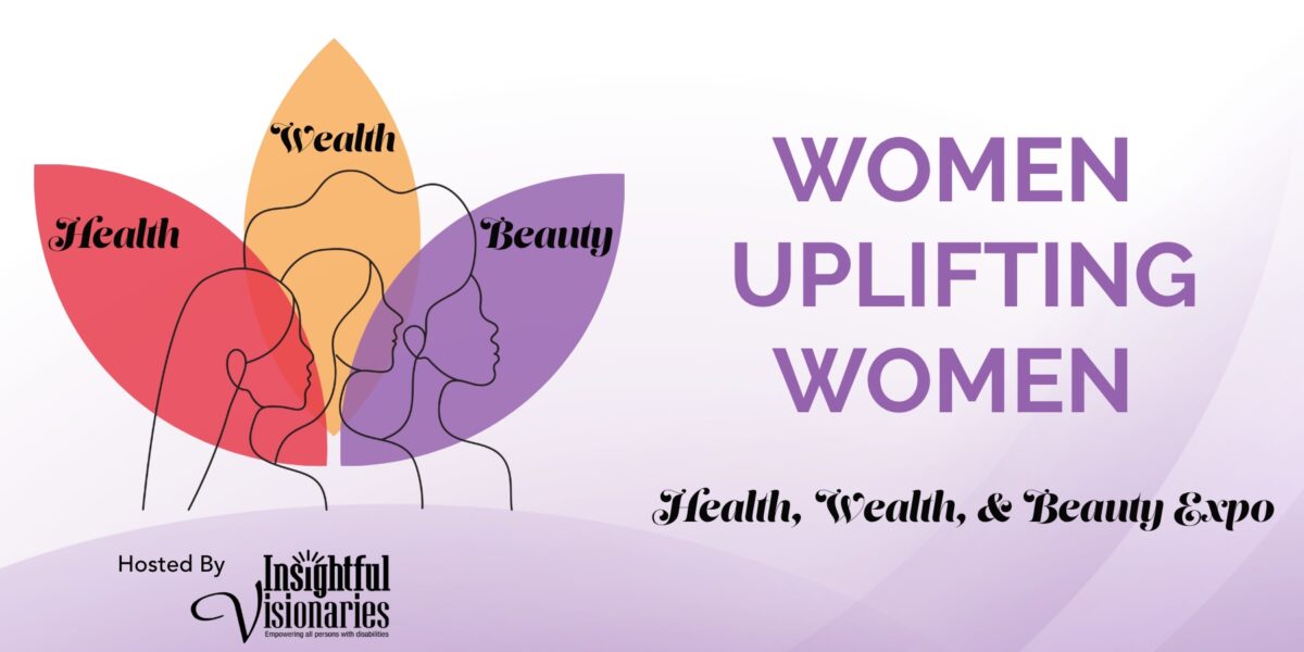Women Uplifting Women logo on a purple background with subtitle health, wealth, and beauty