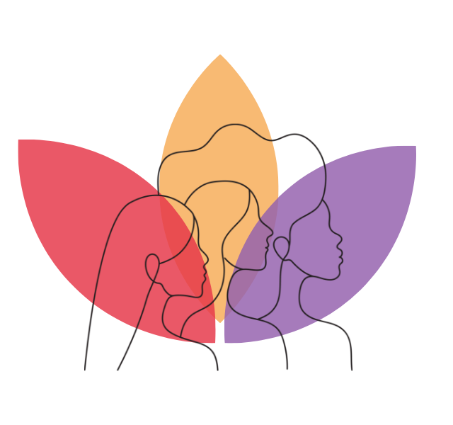 Women Uplifting Woman Logo of 3 petals and line drawing of 3 women